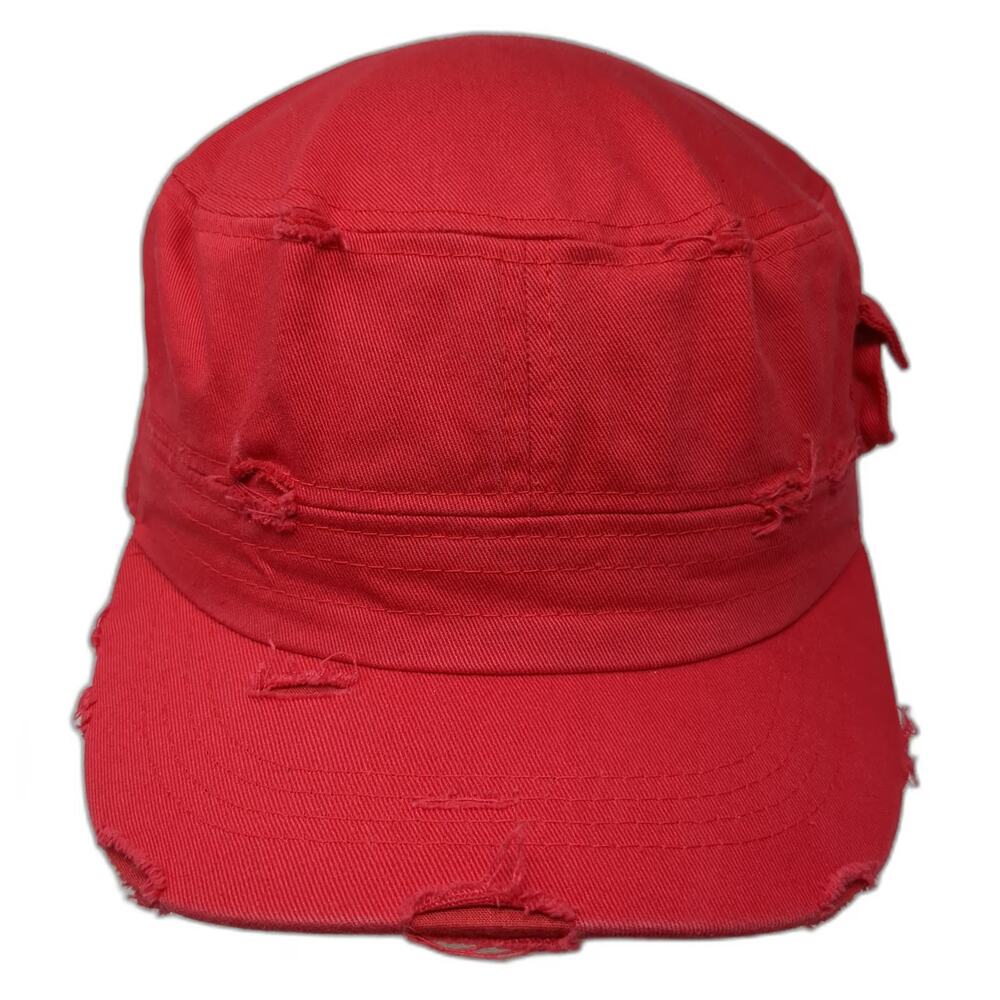 Ethos Army Cap Red L Distressed Frayed Side Pocket Cotton Military Cadet Hat